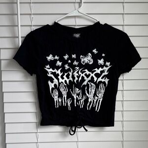 Edgy Black Crop Top with Skeleton and Butterfly Design